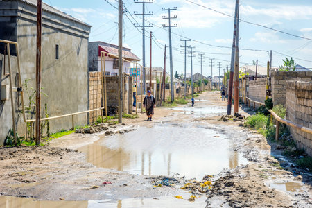BAKU, AZERBAIJAN - SEPTEMBER 28: View on local street under construction in Baku suburbs. September 2016のeditorial素材