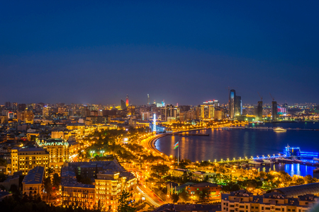 View over Baku skyline at night, Azerbaijanの写真素材
