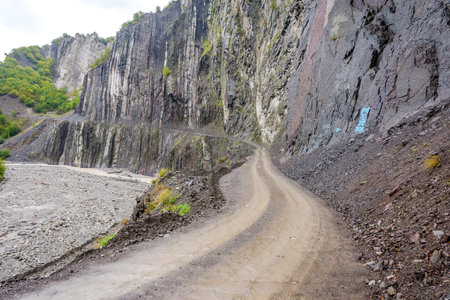 Dangerous and narrow road over the rocks to Lahich, Azerbaijan