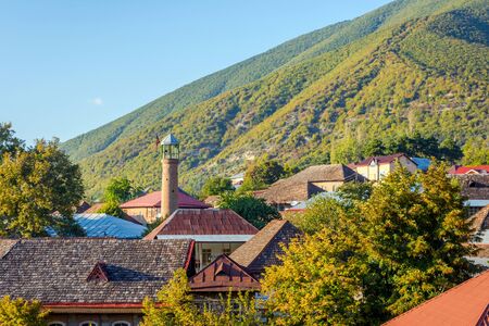View over roofs and tower of Sheki in autumn, Azerbaijanの写真素材