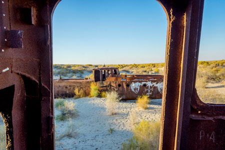 Old ships in the desert "ship cemetery" the consequence of Aral sea disaster, Muynak, Uzbekistanのeditorial素材