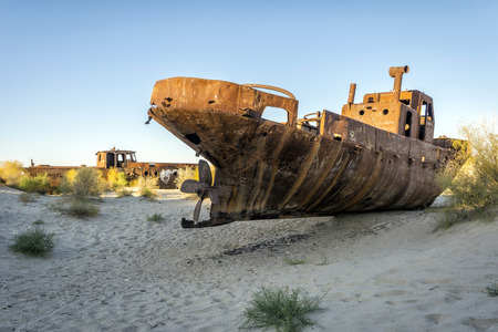 View over old rusted vessel at the aral sea ship cemetery, Muynak, Uzbekistanの写真素材