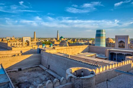 View over Khiva old town with minarets and domes, Uzbekistanの写真素材