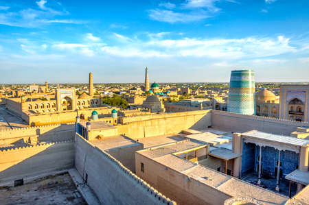 View over Khiva old town with minarets and domes, Uzbekistanの写真素材