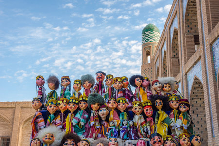 Uzbek puppets dressed in traditional clothes in Khiva old town, Uzbekistanのeditorial素材
