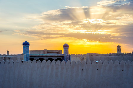 Old city wall of Khiva, Uzbekistan in sunsetの写真素材