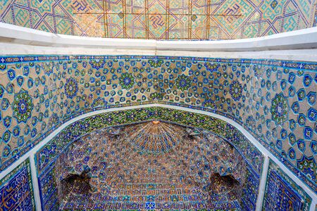 Colorful ceiling with mosaic in Registan, landmark of Samarkand, Uzbekistanの写真素材