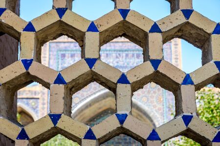 Hexagonal ornaments detail at Samarkand Registan, famous landmark of Uzbekistanの写真素材