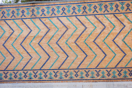 Wall with blue tiles pattern mosaic. Samarkand, Uzbekistan