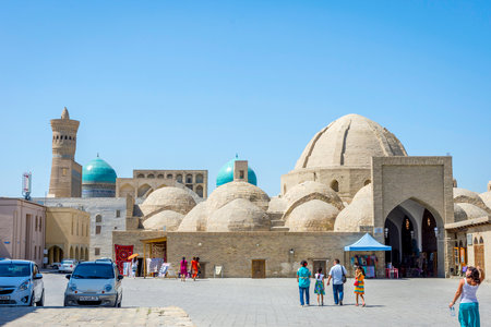 BUKHARA, UZBEKISTAN - AUGUST 31: View to domes of  Bukhara Taqi Zargaronn Bazaar on sunny day. August 2016のeditorial素材