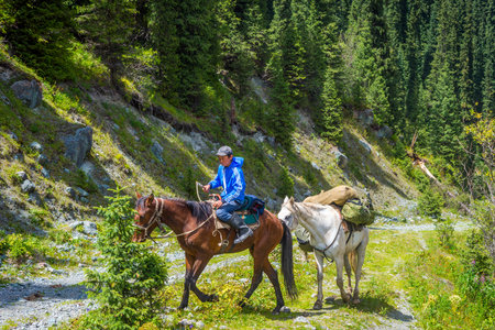 KARAKOL, KYRGYZSTAN - JULY 30: Guy riding a horse and transporting stuff to the base camp in Karakol national park. July 2016のeditorial素材