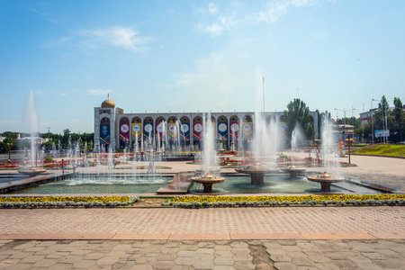 BISHKEK, KYRGYZSTAN - JULY 25: Ala too (main square) decorated with the billboards of world nomad games sport event. July 2016のeditorial素材