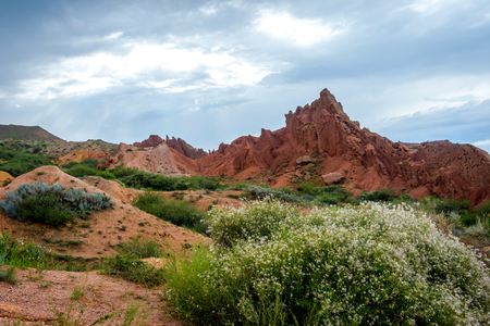Colorful rock formations in Skazka aka Fairy tale canyon, Kyrgyzstanの写真素材