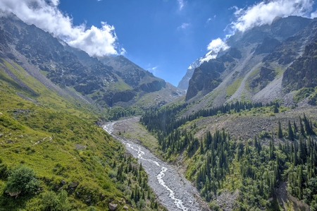 Valley with river and forest in Ala Archa national park, Kyrgyzstanの写真素材