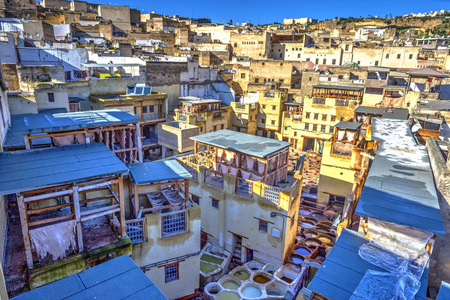 View to the tanneries from the above, Fez, Moroccoの写真素材