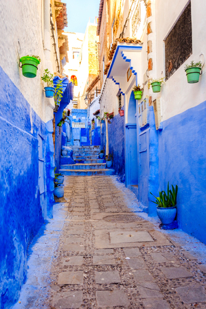 Blue street with colorful flower buckets in Chefchaouen, Moroccoの写真素材