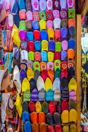 Colorful handmade Moroccan leather slippers for sale, Fez, Moroccoの写真素材