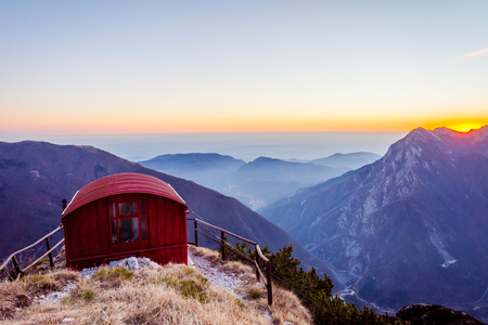 View over the valley and bivouac Bivacco Dino, Udineの写真素材
