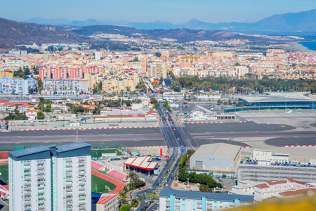 View over Gibraltar runway airport and the cityのeditorial素材