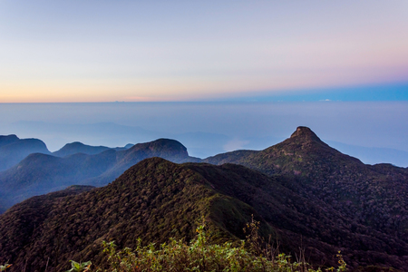 Beautiful landscape at sunrise viewed from Adams peak, Sri Lankaの写真素材