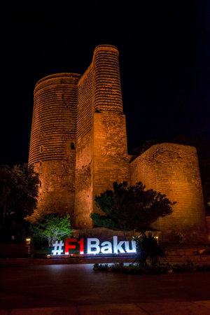 BAKU, AZERBAIJAN - MAY 22: Formula one F1 sign for Grand Prix of Europe next to old castle tower at night. Baku, 2017のeditorial素材