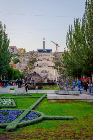YEREVAN, ARMENIA - AUGUST 1: View over cascade stairs and Tamanyan park, famous spot in Yerevan, Armenia. August 2017 のeditorial素材