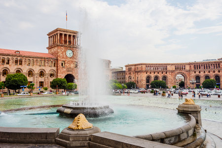 YEREVAN, ARMENIA - AUGUST 2: Republic square with the fountain and clock tower in Armenia capital. August 2017のeditorial素材
