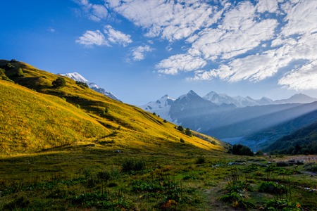 Scenic mountains in Svaneti region in early morning light, Georgiaの写真素材