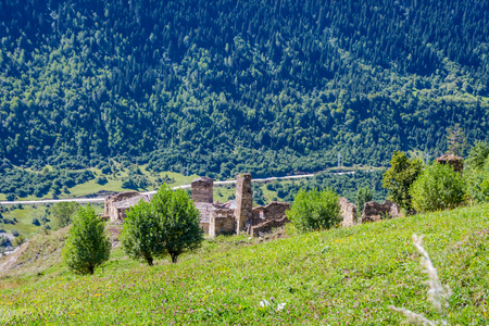 Traditional old georgian towers in Svaneti, Georgiaの写真素材