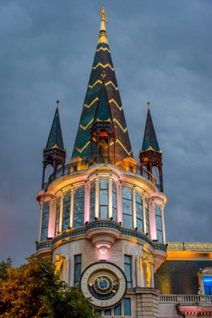 Batumi, Georgia - August 25, 2017: Astronomical clock tower, on the restored facade of the former National Bank building in Europe parkのeditorial素材