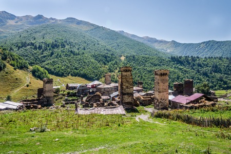 Ushguli village with typical old towers, Svaneti, Georgiaの写真素材