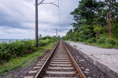Railway and the platform, central perspectiveの写真素材