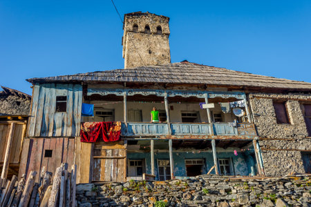 Adishi, Georgia - September 5, 2017: Typical old Svanetian village house in remote village Adishi, Georgia のeditorial素材