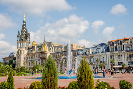 Batumi, Georgia - August 29, 2017: People enjoying the water fountain at Europe park, Batumi on a hot summer dayのeditorial素材