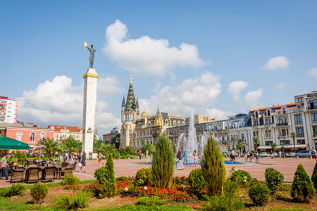 Batumi, Georgia - August 29, 2017: People enjoying the water fountain at Europe park, Batumi on a hot summer dayのeditorial素材