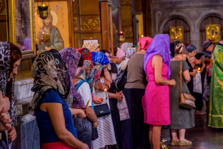 Batumi, Georgia - August 27, 2017: Women standing in religious ceremony in Holy Mother Virgin Nativity Cathedral in Batumiのeditorial素材