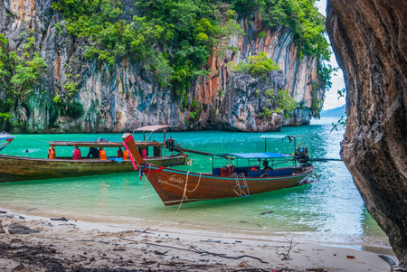 Scenic bay of Koh Lao La Ding island with thai boats, Krabi, Thailandのeditorial素材