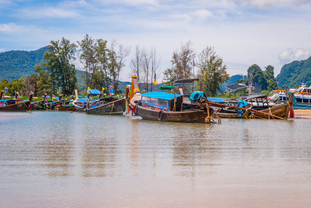 Typical thai boats on the beach in Krabi, Thailandのeditorial素材