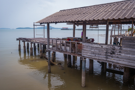Village of wooden houses on pillars on Koh Lanta, Thailandの写真素材