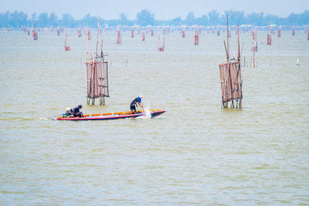 Fishermen hut and nets at Songkhla lake, Thailand