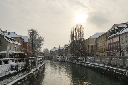 Ljubljana, capital of Slovenia in winter in christmas decoration during the day.の写真素材