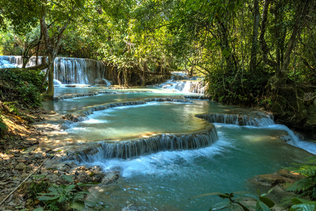 Turquoise water of Kuang Si waterfall, Luang Prabang, Laosの写真素材