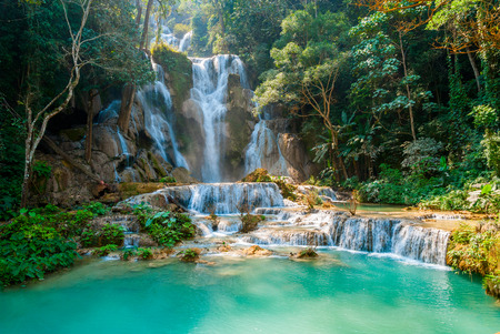 Turquoise water of Kuang Si waterfall, Luang Prabang, Laosの写真素材