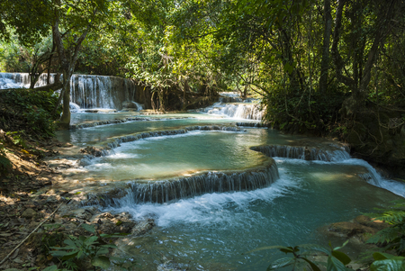 Turquoise water of Kuang Si waterfall, Luang Prabang, Laosの写真素材