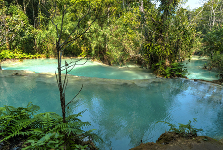 Turquoise water of Kuang Si waterfall, Luang Prabang, Laosの写真素材