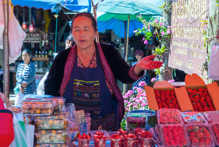 Chiang Mai, Thailand - Dec 2015: Lady selling strawberries at local market at Hmong Villageのeditorial素材