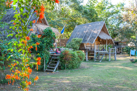 Resort of bamboo huts with hammock, Pai, Thailandのeditorial素材