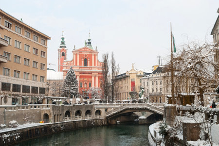 Ljubljana, capital of Slovenia in winter in christmas decoration during the day.のeditorial素材