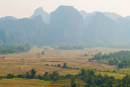 Scenic karst mountains surrounding Vang Vieng, Laosの写真素材