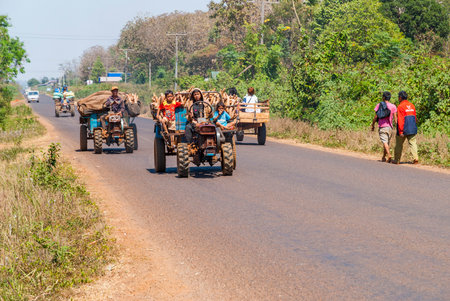 Paksong, Laos - Feb 2016: Transport by tractor Laosのeditorial素材